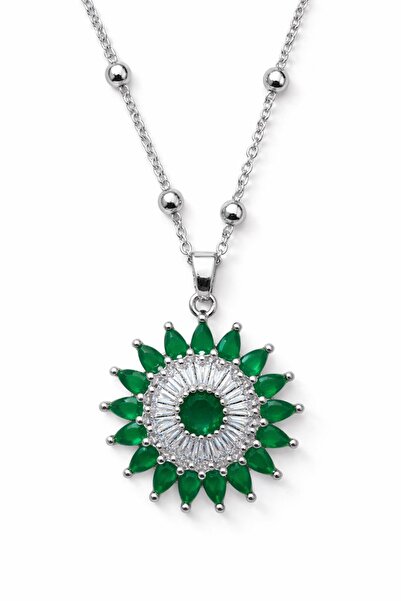 NKIE JEWELS قلادة فضية اللون من الفولاذ بسلسلة كروية على شكل شمس مرصعة بالحجر...