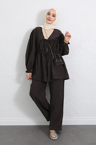 Salih Çelebi Front Ruched Kimono Set Y0102 - Brown