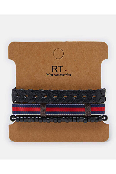 REDTAG طقم أساور رجالية سوداء مكون من 3 قطع