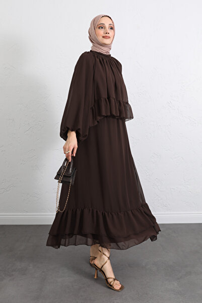 Salih Çelebi Ruffled Chiffon Suit 2538 - Brown