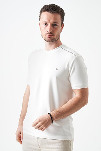 TENA Tricou alb pentru bărbați guler rotund Shoulder Thick detaliu cu dungi