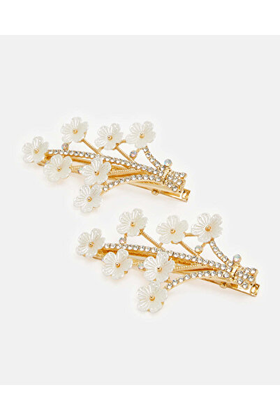 REDTAG مجموعة مشابك شعر مزينة باللونين الذهبي والأبيض للبنات (عبوة من قطعتين)