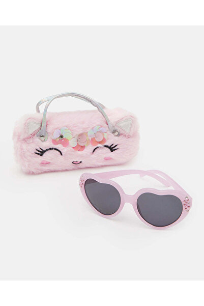 REDTAG نظارات شمسية للبنات على شكل قلب وردي مع علبة مزينة بشخصية كرتونية