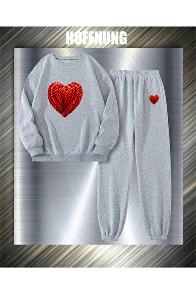 HOFFNUNG Unisex Casual Tracksuit Set Red Heart Outdoor Full Sweatshirt