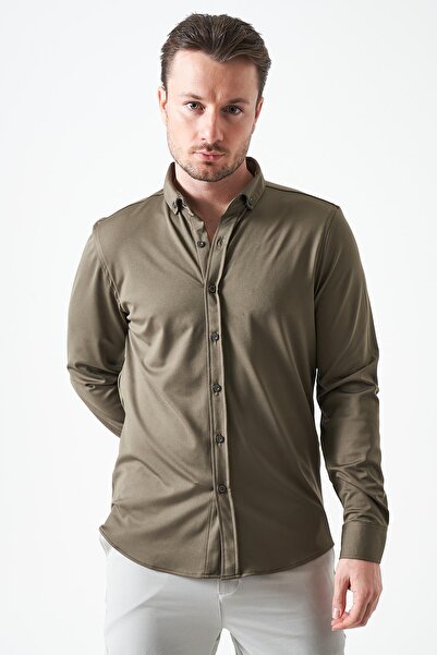 TENA Cămașă pentru bărbați, kaki, cu mânecă lungă, Ripaş Dalgıç slim fit