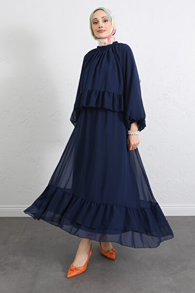 Salih Çelebi Ruffled Chiffon Suit 2538 - Dark Blue