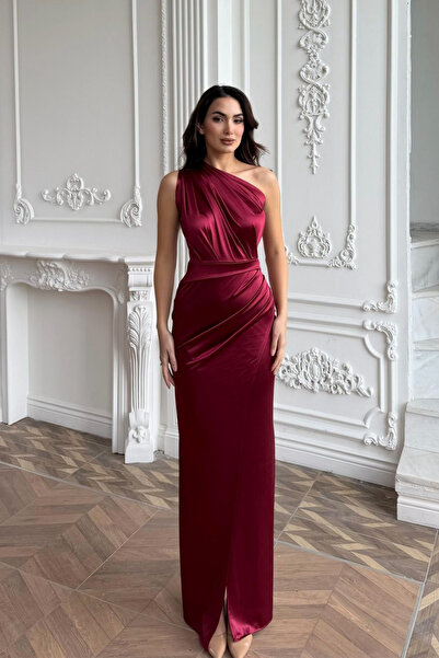 Sindimoda İnci One-Shoulder Satin Y Slit Evening Dress