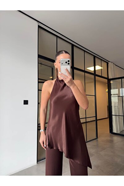 BB Bensu Buyruk Asymmetric Satin Blouse and Pants Suit in Brown