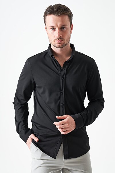 TENA Cămașă neagră cu mânecă lungă Ripaş Dalgıç slim fit pentru bărbați