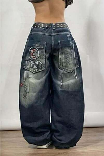 Köstebek Lacivert D2T Vintage Yıkamalı Baggy Y2K Pantolon