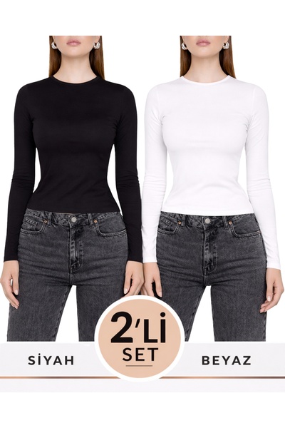 MODASPARK Black and White Double Crew Neck Basic Ultra Soft Women's Long Slee...