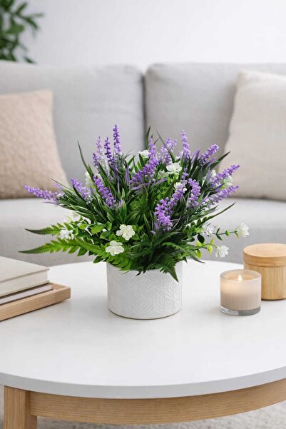 SAKLI ATÖLYEM Dekoratif Mermertozu Saksıda Yapay Lavanta & Beyaz Çiçek Aranjm...