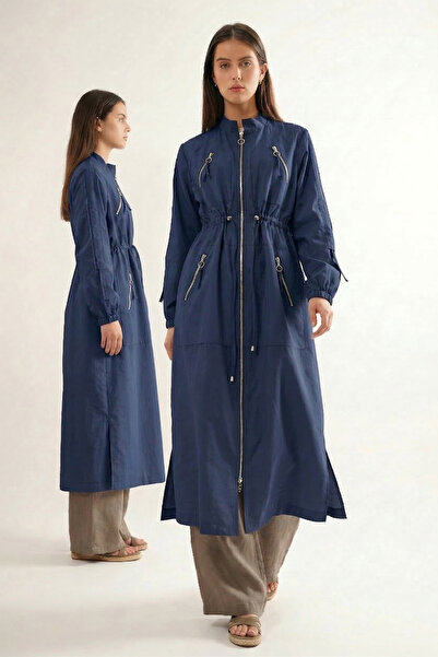 Ceremony Hakim Yaka Beli Ruched Front Zip Detail Safari Cap Jacket 822 Navy Blue