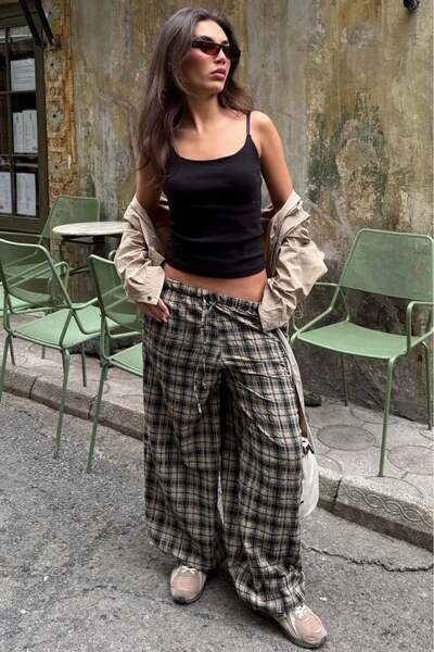 Madmext Bej Ekose Desenli Yüksek Bel Balon Fit Kadın Pantolon MG2726