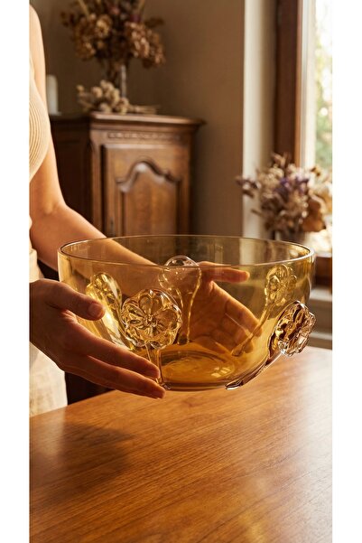 NAHR وعاء زجاجي ديكوري فاخر - صحن حلاوه العيد ، إناء فاكهة كبير 30 سم- لون عسلي