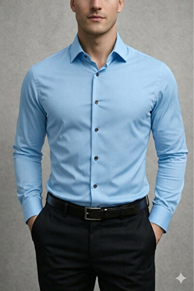 cathe cat Slim Fit Long Sleeve Easy Iron Cotton Satin Men's Shirt