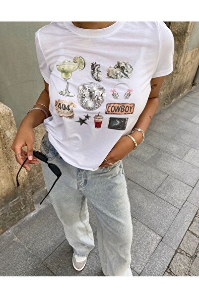 Bravebell Tricou alb cu imprimeu colaj cu iconițe retro
