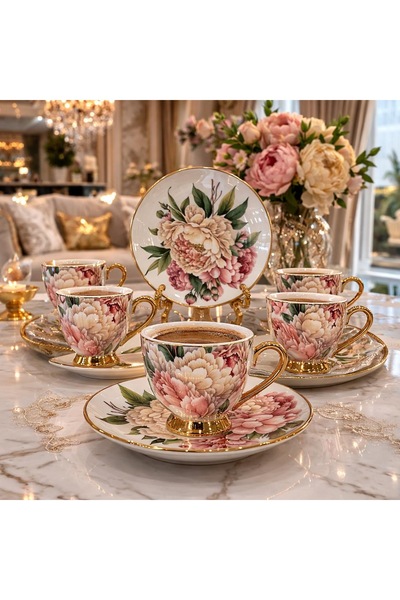 PARİONETTE Luxury Porselen Kahve Fincan Takımı 6 Kişilik Çiçek Desenli
