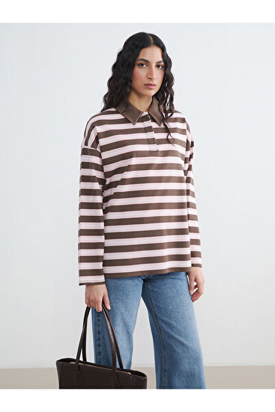 LC Waikiki Brown Polo Neck Striped Women's Sweatshirt Tunic
