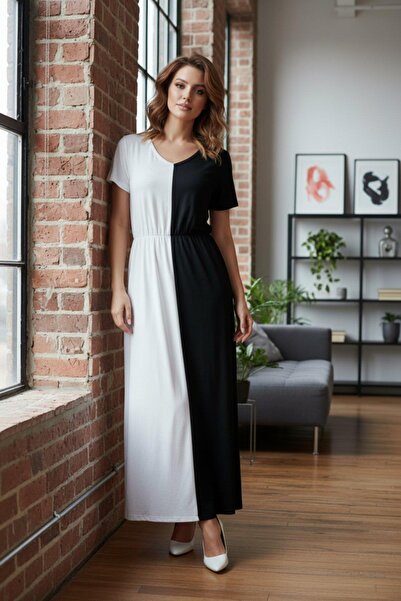 Mossta Short Sleeve Double Color Viscose Dress - Black