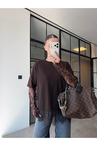 BB Bensu Buyruk KOLLARI dantelă TRICOU OVERSIZE MARO