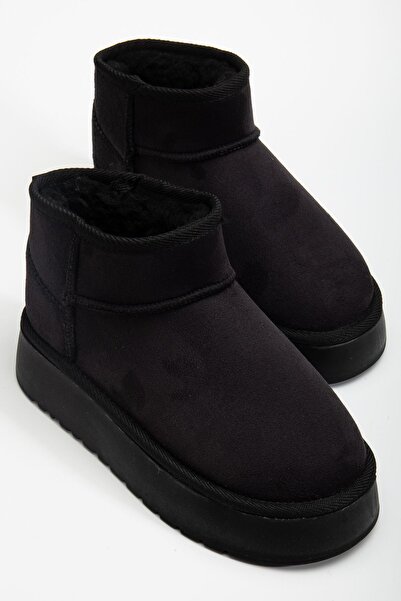Delroshine Mini Black Suede Ankle Boots with Furry Inside Flat Sole Women's S...