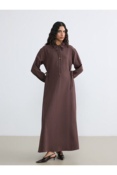 LC Waikiki Lcw Modest Brown Shirt Collar A-Line Linen Blend Dress with Nevavm...