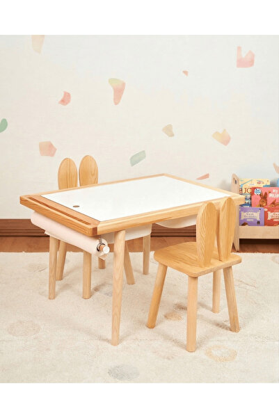 Muyuru Montessori Çocuk Aktivite Masası Çam Ahşap 2 Sepetli Beyaz/Kara Yazı T...