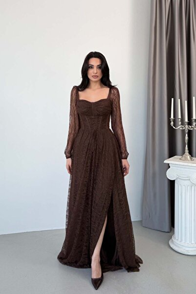 Serica Moda Brown Sweetheart Neckline Corset Detailed Front Tie-Detail Lace E...