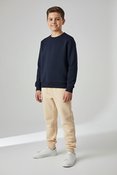 evavi Erkek Çocuk Baskısız 2 Renk Bisiklet Yaka Lacivert Sweatshirt ve Krem E...