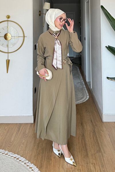 Tesettür Diyarı Set Hijab cu broșă din țesătură Glowe Tansel petrecut - Kaki