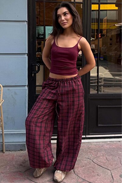 Madmext Burgundy Plaid Patterned High Waist Balloon Fit Women's Trousers Mg2726