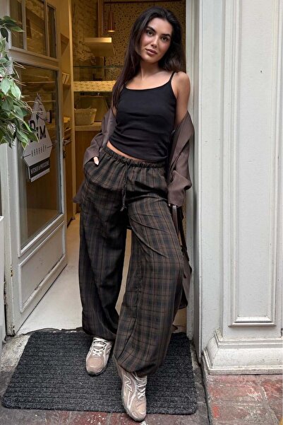 Madmext Brown Plaid Patterned High Waist Balloon Fit Women's Pants Mg2726