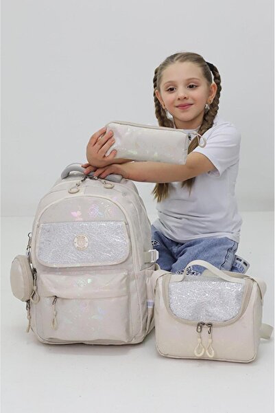 Probag Set de 4 piese pentru școală pentru fete: rucsac bej cu fluturi, geant...