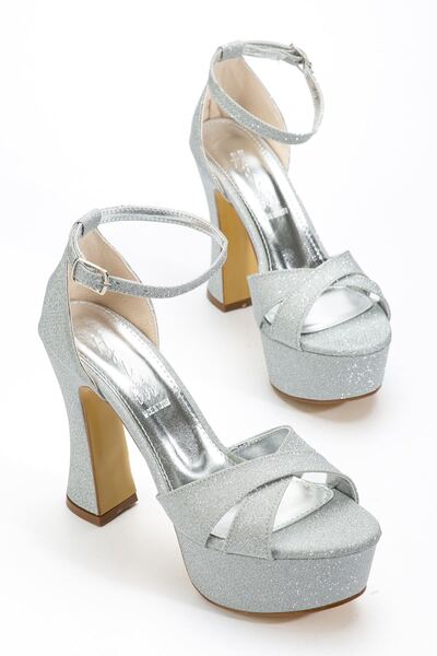 Delroshine Women's Silver Glitter Platform Heeled Evening Dress Shoes