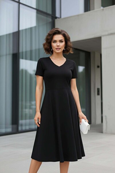 Mossta V-Neck Short Sleeve A-Line Midi Viscose Dress - Black