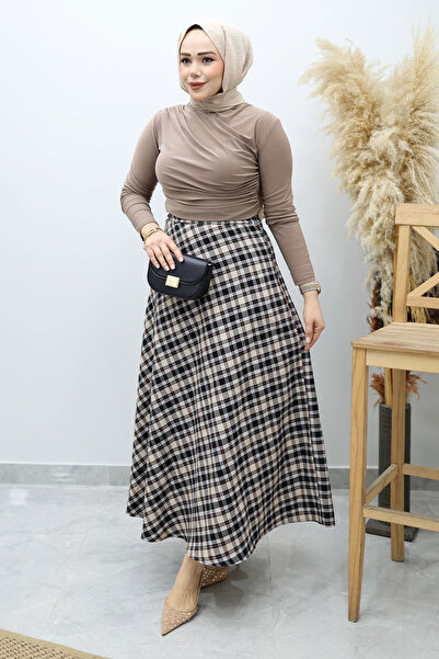 Tesettür Dünyası Plaid Skirt Tsd260102 Stone Color