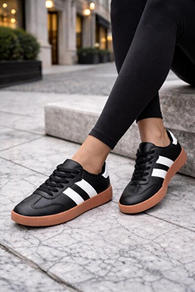 MODAONN Γυναικεία Casual Αθλητικά Παπούτσια – Μαύρες Διπλές Ρίγες, Μαύρη Σόλα...