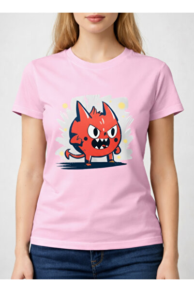 ship master Kadın Pembe Şeytan Karakter Baskılı Siyah T-Shirt %100 Pamuk Günlük