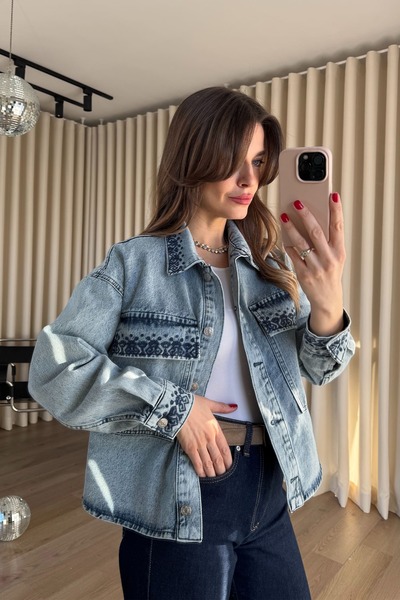 Sue Store Blue Buttoned Denim Jacket with Embossed Pocket Detail