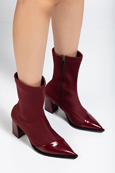 Delroshine Women's Burgundy Stretch Patent Leather Ankle Mid-Heel Boots