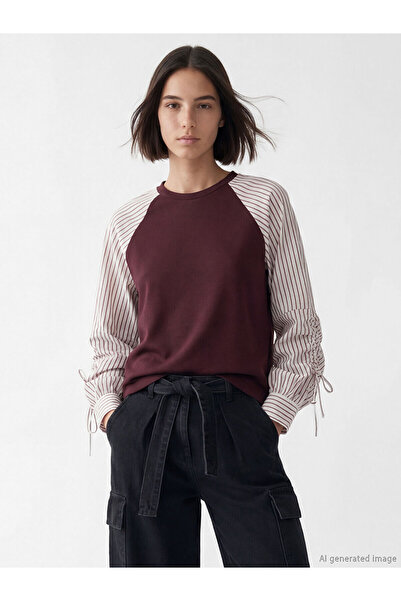 LC Waikiki Nevavm Farkıyla Natuvera Burgundy Oval Neckline Striped Blouse - S...