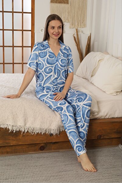 FAMES PİJAMA Light Blue D Patterned Gö Shirt Collar Rme Pajama Set