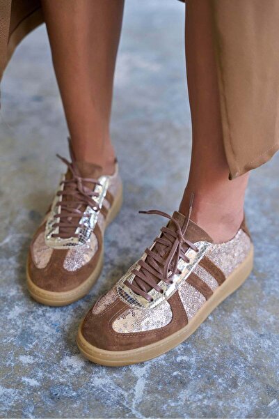 PELİN'İN AYAKKABILARI EVAN KAHVE GOLD PULLU SPOR AYAKKABI