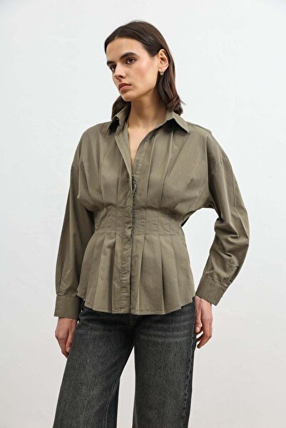 Antioch Haki Pilili Poplin Kadın Gömlek