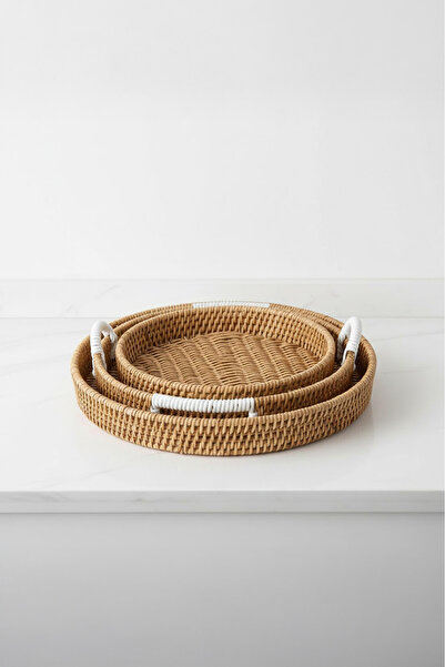 Vadi Wicker Round Tray Set of 3 with Bamboo Handles Serving Tray Organizer