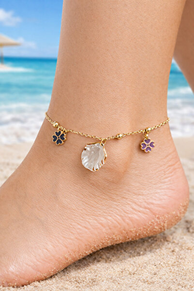 TUTU DESİGN Gold Women's Anklet with Clover Charm and Shell Detail
