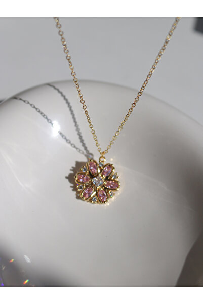 Reorah Collection Pink Stone Flower Necklace