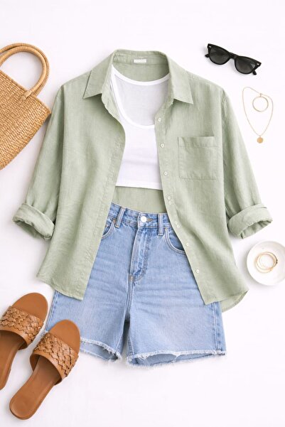 blackbonds Kadın Oversize Mint Yeşili Pamuklu Rahat Keten Gömlek Yaz Koleksiyonu