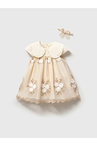 NoyNoy Baby Kız Çocuk Çiçek Nakışlı Astarlı Şifon Elbise
